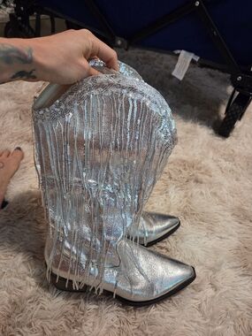Silver Fringe Metallic Western Boots - Women's Statement Boot